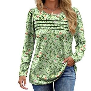Fantaslook Sage Green Floral Bird Print Pintuck Long Sleeve Tunic Top 3XL NEW